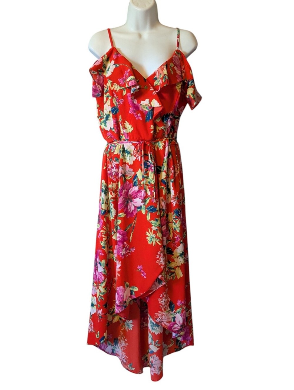 By & By Red Floral Cold-Shoulder Midi Dress - Hi Low Wrap Speghetti Strap Sz.L